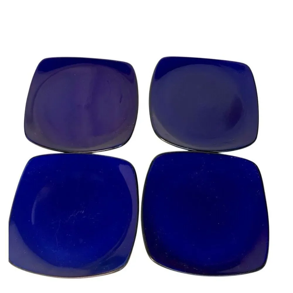 Set of 4 CORELLE HEARTHSTONE Stoneware Dinner Plates Cobalt Indigo Black Square